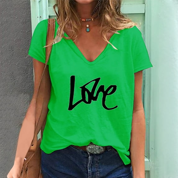 Brilliant Womens Tops Plus Size under $5 Spring Summer 2025 Women's Casual Fashion Summer V-Neck T-Shirt Printed Short-Sleeved Tops/Green/S-5XL