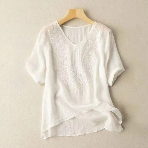 Brilliant Womens Tops Plus Size under $5 Spring Summer 2025 Womens Spring Summer Solid Color Casual Loose Fashion T-Shirt Short Sleeve V-Neck Tops Cotton Linen Blouse/White/M-4XL