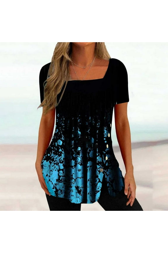 Brilliant Womens Tops Plus Size Summer Fashion Womens Casual Printed Square Neck Short Sleeve Buttons Tops Loose Blouses/S-2XL clothes under $10.00
