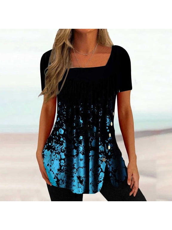 Brilliant Womens Tops Plus Size Summer Fashion Womens Casual Printed Square Neck Short Sleeve Buttons Tops Loose Blouses/S-2XL clothes under $10.00