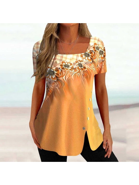 Brilliant Womens Tops Plus Size Summer Fashion Womens Casual Printed Square Neck Short Sleeve Buttons Tops Loose Blouses/S-2XL clothes under $5.00