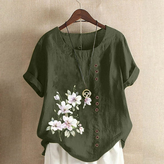 Brilliant Womens Tops Short Sleeve Plus Size Spring Summer 2024 Women's Summer Casual Round Neck Flower Printing Loose Shirt Tops/Green/S-5XL