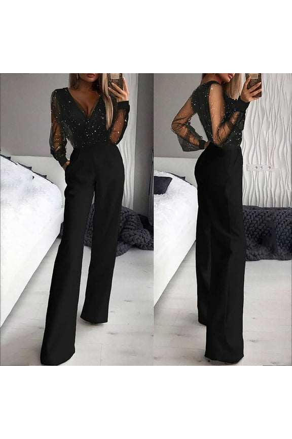 Brilliant Yoga Pants Plus Size Cleanrance Solid V-Neck Mesh Sequins Gold Powder Long Sleeve Jumpsuits Rompers Clearance Clothes under $5.00