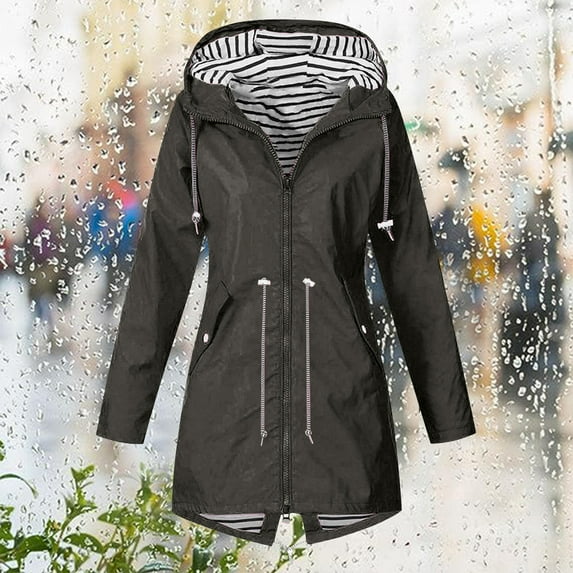 Brilliant Zipper Hoodies for Women Women Solid Color Rain Jacket Outdoor Hooded Windproof Loose with Pocket Raincoat clearance clothes under $25.00