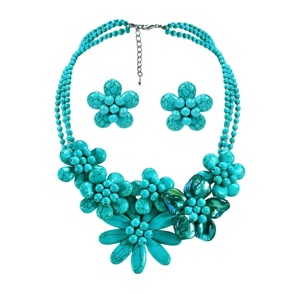 Brilliant in Blue Turquoise & Green Shells Floral Necklace and Clip Earring Set