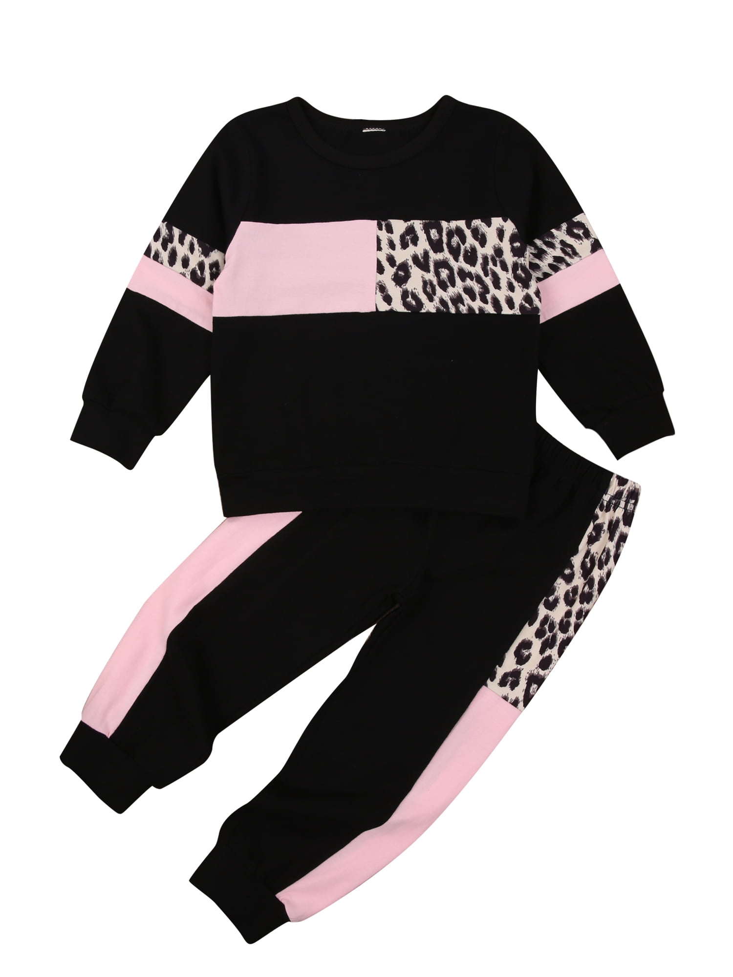 2pcs Baby Girl Letter Print Leopard Splicing Black Long-sleeve Sweatshirt and Trousers Set