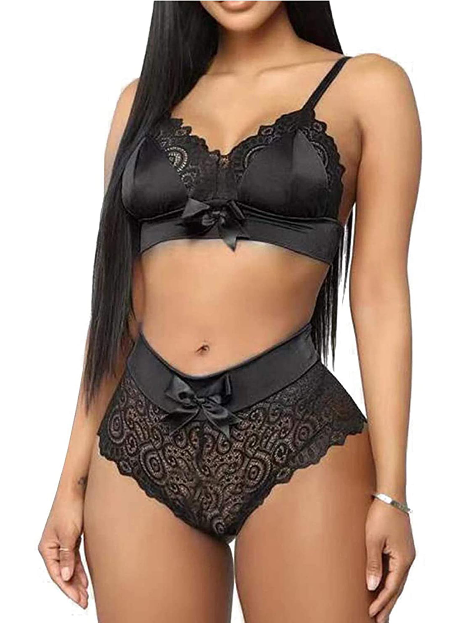 BrilliantMe Women Lace Lingerie Set Nightwear See-Through Floral Sling Bra  and Briefs 2pcs Black S