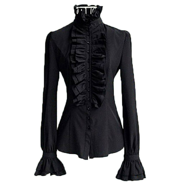 BrilliantMe Women Vintage Victorian Button Down Trumpet Sleeve Tops High Neck Frilly Ruffle Shirt Blouse XXL