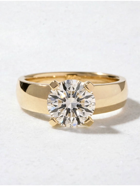 2Ct Round Cut Lab Grown Diamond Solitaire Ring in Wide Band for Women 10k Yellow Gold Ring Size 4