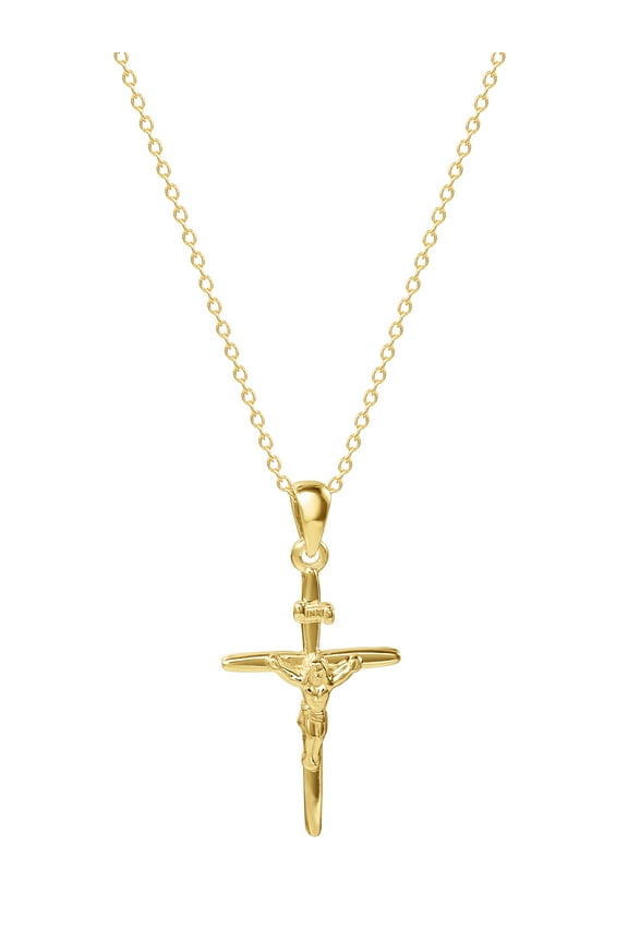 Brillinace Fine Women's Sterling Silver 14KT Plated Crucifix Pendant, 18" Chain