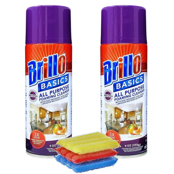 Brillo Basics All Purpose Foaming Cleaner Spray, Citrus Scent Household Cleaning Supplies, Multi-Purpose Foam Spray for Clean Home Kitchen Bathroom Car 9 oz 2 Pack