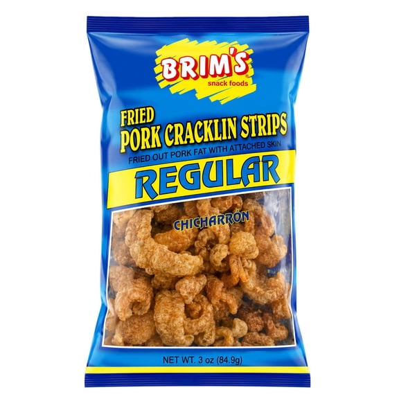Brim’s Fried Pork Cracklin Strips Regular, Chicharrón Crunchy Pork Cracklins Snack, 3 oz Bag