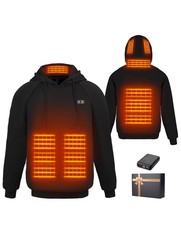Heated Hoodie for Women and Men with Battery Pack 7.4V 16000mAh, 6 Heating Zones Fleece Lined Pullover Sweatshirt with Dual Control, Machine Washable, Black/XL