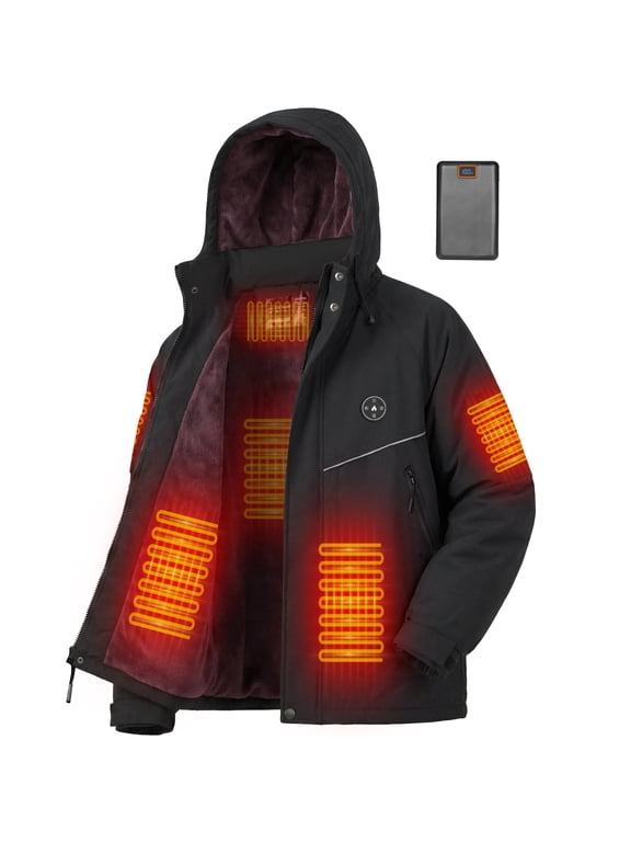 Mens Heated Jacket with Fleece Lining, 20000mAh Battery Pack Included, 6 Heating Zones Waterproof Soft Shell Heated Coat with Detachable Hood for Work Hiking Skiing, XXXL