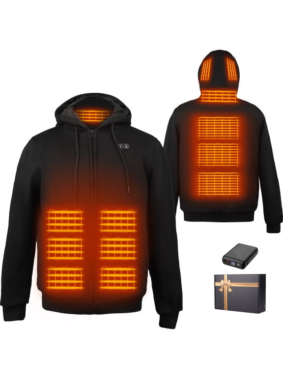 Unisex Zip‑Up Heated Hoodie, 6‑Zone Carbon Fiber Heating, Dual‑Control with 7.4V and 16000mAh Battery for Winter Outdoor, Black/XL