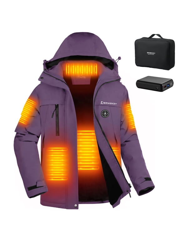 Women's Heated Jacket with 12000mAh Battery, 6 Heating Zones Fleece Lined Waterproof Windproof Electric Heated Coat for Skiing Hunting, Purple/L