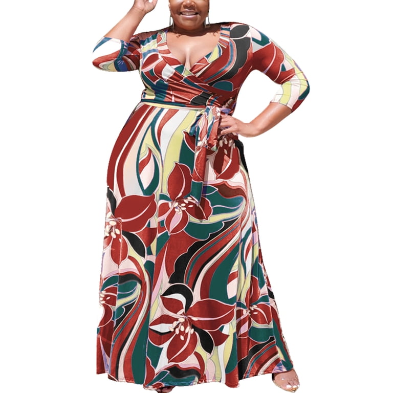 3 4th night dress for ladies Brimisal Women Plus Size Wrap V Neck 3/4 Sleeves Floral Printed Swing Dress with Belt VDMAX
