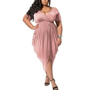 Brimisal Womens Night Dress Plus Size Sexy V Neck Short Sleeve Solid Ruched Bodycon Party Cocktail Midi Dress