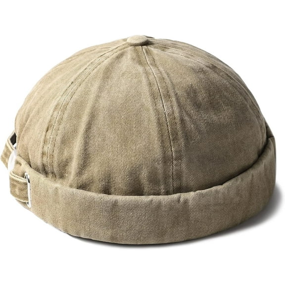 DOVACKA Brimless Hats for Men Womens Skullcap Mens Vintage Docker Beanie Cap Washed Cotton Rolled Cuff Harbour Hat,Khaki