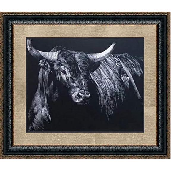 Brindle Bull Rodeo | Framed Cattle Art in Double Mat | 25L X 29W" Inches