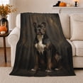 thumbnail image 1 of Brindle Dog Portrait on Black Background, Realistic Pet Style for Dog Lovers, Golden Arch Scene, Warm Flannel Blanket for Living Room and Bedroom, Birthday Gift and Bold Home Decor, 1 of 8