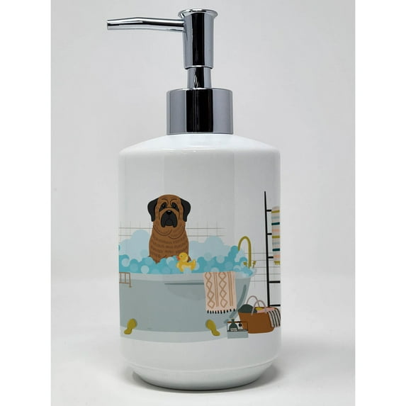 Brindle Mastiff in Bathtub Ceramic Soap Dispenser 3.5 in x 7.25 in