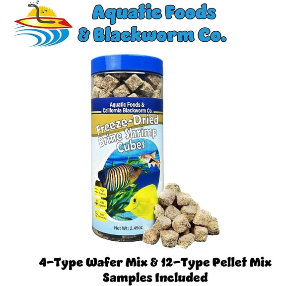 Brine Shrimp, Freeze Dried Brine Cubes for Cichlids, Discus, Goldfish, Bettas, Angel Fish, Marines, All Tropicals, Aquatic Turtles 2.45oz Canister
