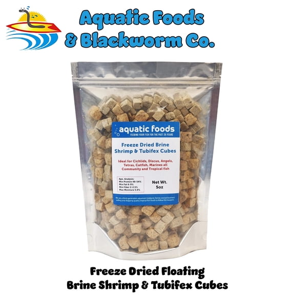 Brine Shrimp & Tubifex Worm Cube Mix, Premium Floating Freeze Dried Brine Shrimp & Tubifex Worm Cubes for All Tropical Fish, Cichlids, Discus, Tetras, Goldfish, Angel Fish, Catfish, Ponds...5oz Bag