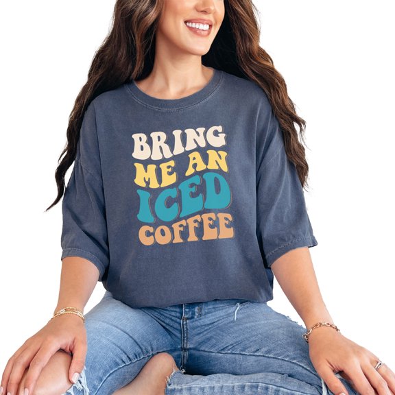 Bring Me an Iced Coffee, Cold Coffee Lover Quote, Groovy Retro Wavy Text, Denim Comfort Colors T-Shirt, 3XL