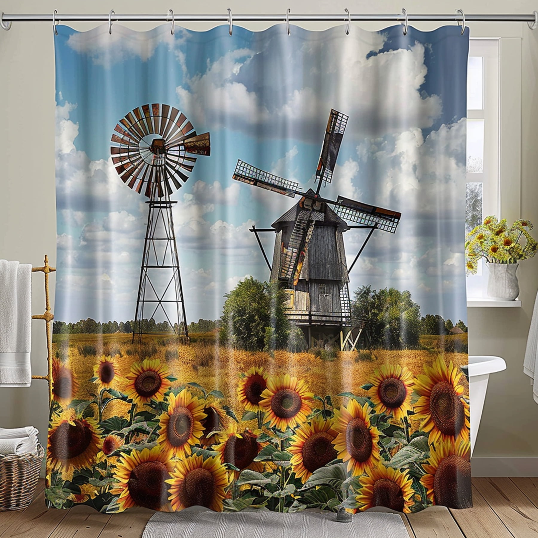 Bring the Charm of the Countryside to Your Bathroom with our Rustic Windmill and Sunflower Field