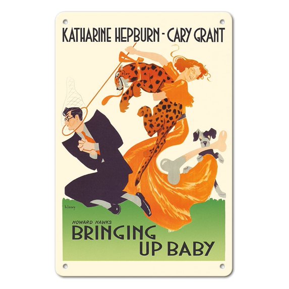 Bringing Up Baby (L’Impossible Monsierur Bébé) - Starring Katharine Hepburn Cary Grant - Vintage French Movie Poster by Bernard Lacy c.1938 - 8 x 12 inch Vintage Metal Tin Sign