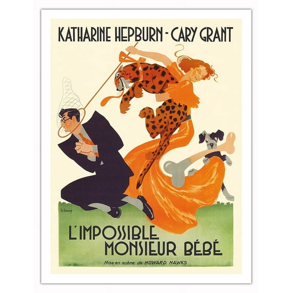 Bringing Up Baby ( L’Impossible Monsieur Bebe) - starring Katharine Hepburn Cary Grant - Vintage French Film Movie Poster by Bernard Lacy c.1938 - Fine Art Matte Paper Print (Unframed) 20x26in