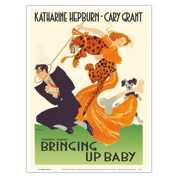 Bringing Up Baby (L’Impossible Monsierur Bébé) - Starring Katharine Hepburn Cary Grant - Vintage French Movie Poster by Bernard Lacy c.1938 - Master Art Print (Unframed) 9in x 12in