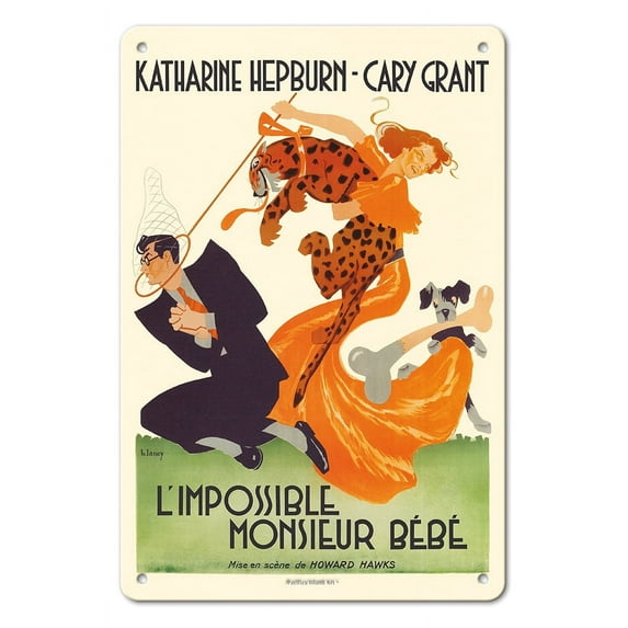 Bringing Up Baby ( L’Impossible Monsieur Bebe) - starring Katharine Hepburn Cary Grant - Vintage French Film Movie Poster by Bernard Lacy c.1938 - 8 x 12 inch Vintage Metal Tin Sign