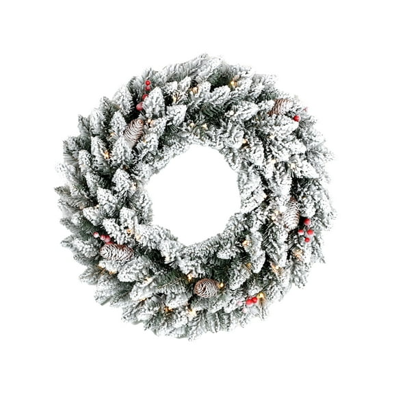 Bringstar 24" Artificial Snow Flocked Christmas Wreath with Lights, Pine Cones and Red Berries, Green