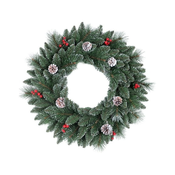 Bringstar 24 Inches Artificial Christmas Wreath for Front Door with Pine Needles, Pinecones, Red Berries