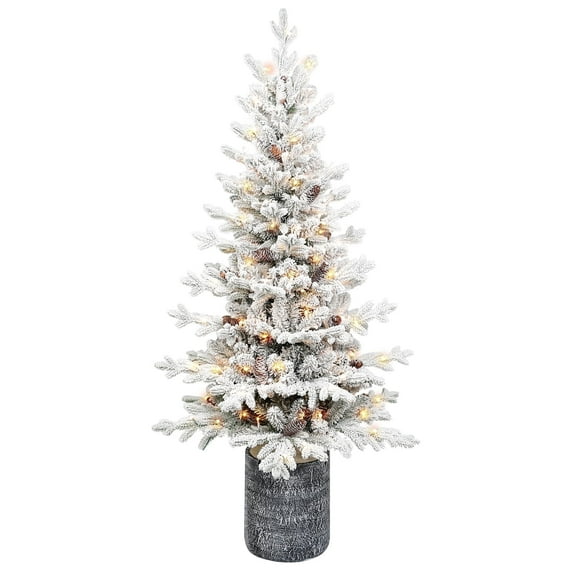 Bringstar 3FT Pre-lit Potted Flocked Christmas Tree, Snow Frosted Mini Tabletop Artificial Christmas Tree with 50 LED Lights and 365 PE & PVC Branch Tips for Front Door, Porch, Indoor and Outdoor
