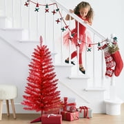 Bringstar 4FT Red Artificial Christmas Tree with 50 String Lights, Mini Tinsel Tree, Not Pre-Lit, for Home & Office Holiday D cor