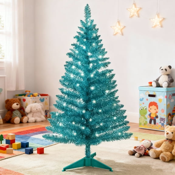 Bringstar 4FT Green Artificial Christmas Tree with 50 String Lights, Mini Tinsel Tree, Not Pre-Lit, for Home & Office Holiday Décor