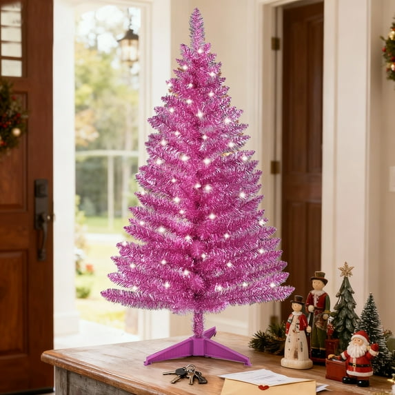 Bringstar 4FT Pink Artificial Christmas Tree with 50 String Lights, Mini Tinsel Tree, Not Pre-Lit, for Home & Office Holiday Décor