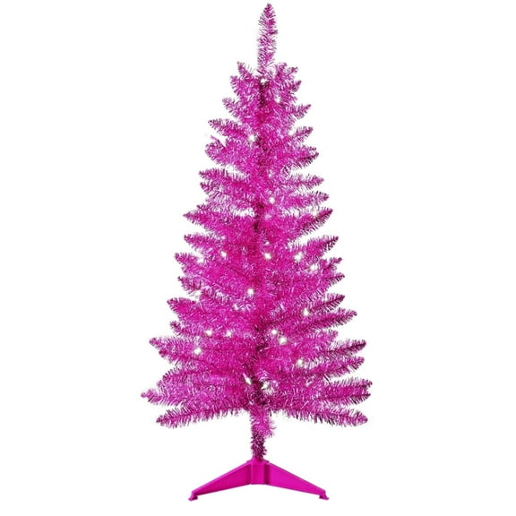 Bringstar 4FT Pink Artificial Christmas Tree with 50 String Lights, Mini Tinsel Tree, Not Pre-Lit, for Home & Office Holiday Décor