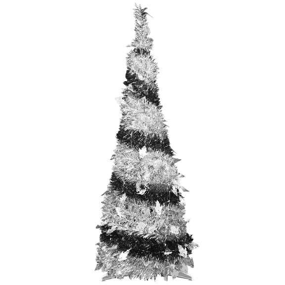 Bringstar 4ft Black and White Striped Pop Up Christmas Tree with 60 LED Lights, Pre Lit Silver Tinsel Pull Up Artificial Xmas Tree for Halloween & Holiday Decor