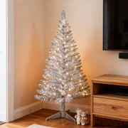 Bringstar 4ft Pre-Lit Silver Christmas Tree, 122 Tips, 50 String Lights, and a slim silver design for festive decorating in small spacesfor Halloween and Holiday Home and Office Decor