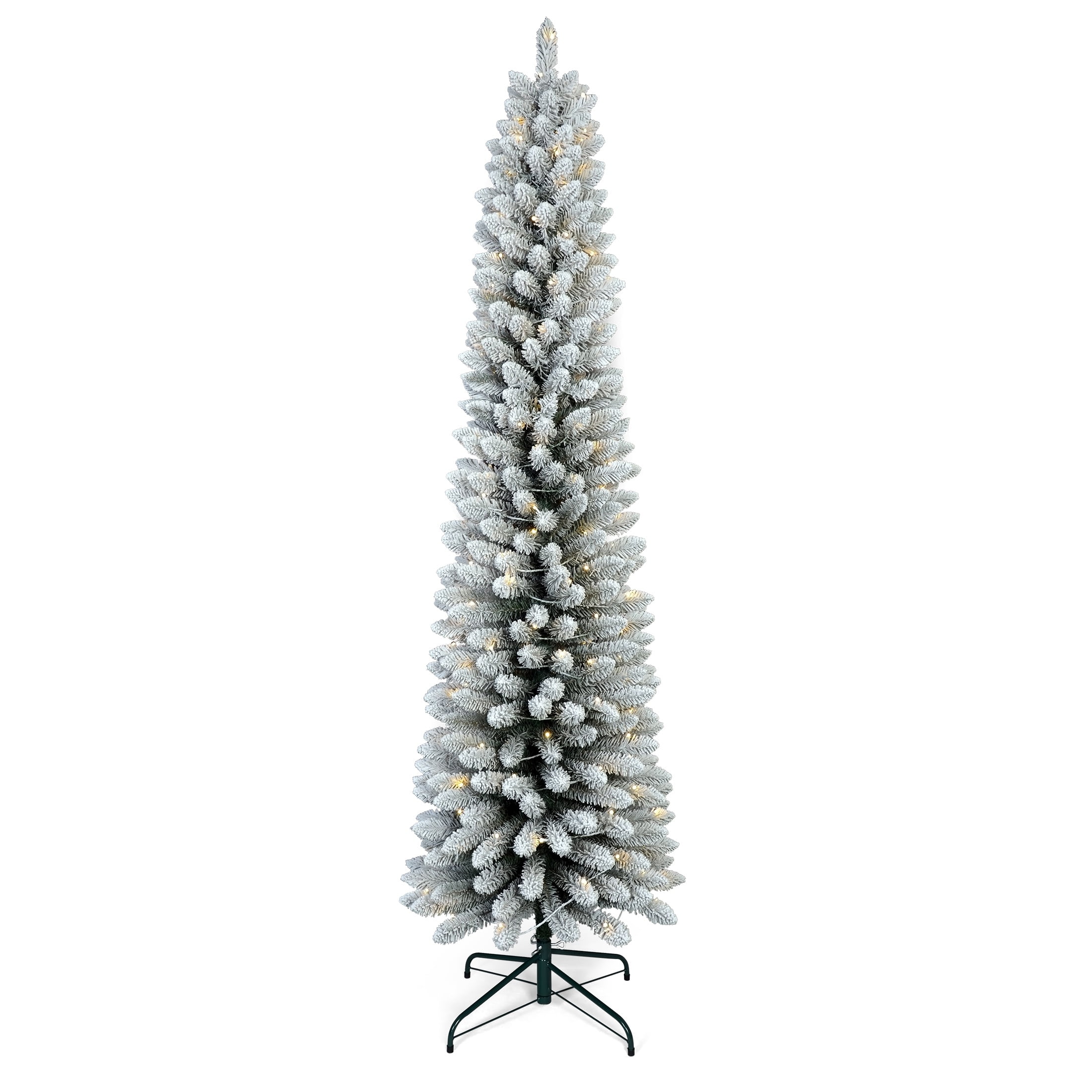 Bringstar 5FT Pre-Lit Flocked Pencil Christmas Tree, Slim Artificial Snowy Xmas Tree with 100 Warm LED Lights for Home Office Corner