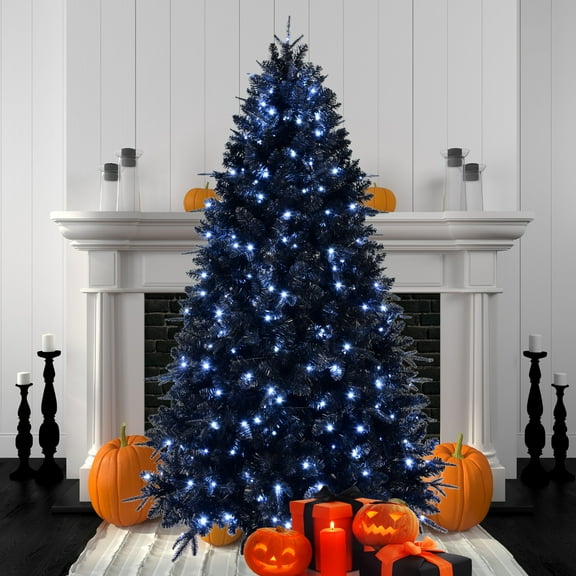 Bringstar 5FT PreLit Black Christmas Tree with 250 Lights, Artificial Fake Christmas Tree with 1076 PE&PVC Branch Tips, Halloween and Xmas Tree for Holiday Decorations, Metal Stand, Hinged Branches