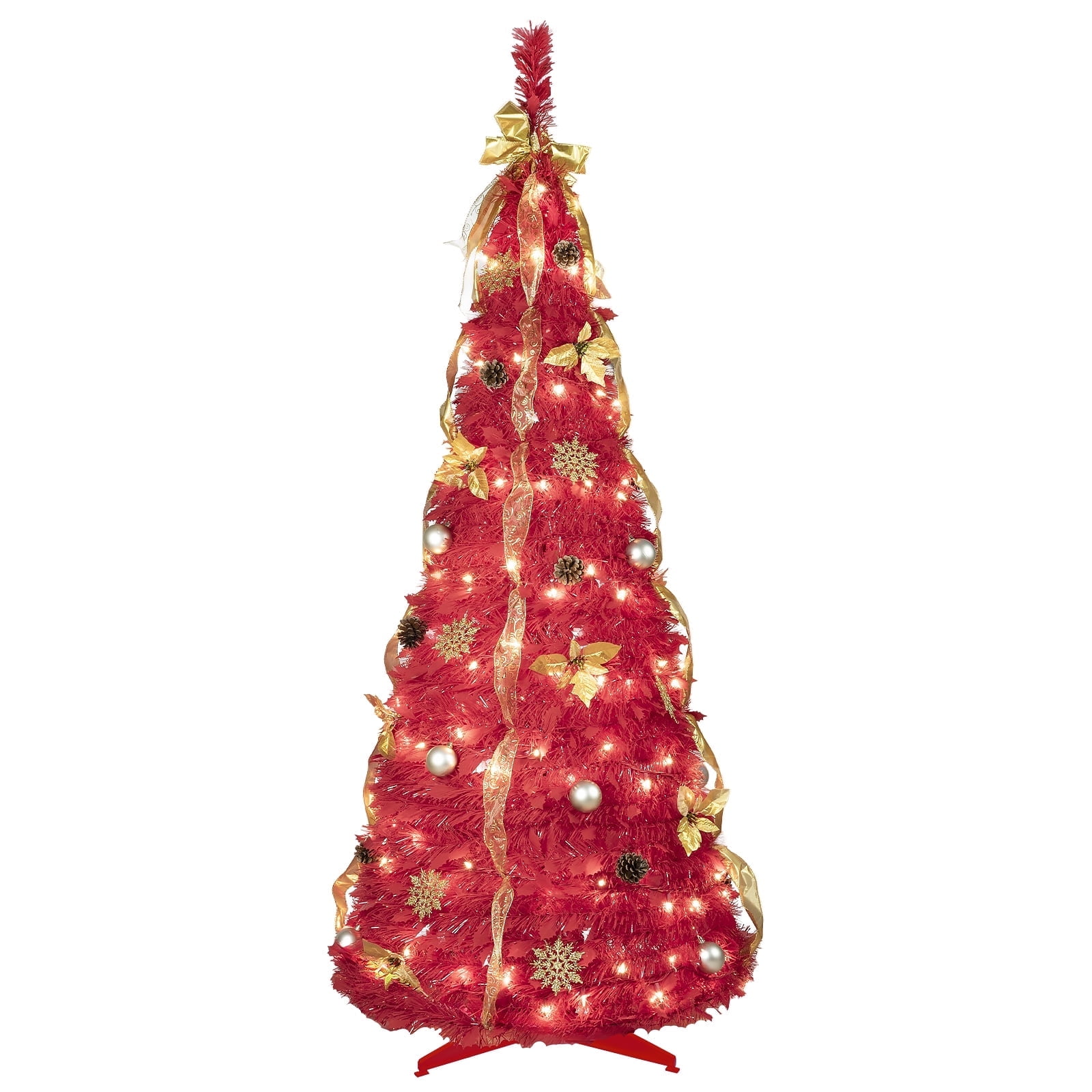 6ft Pop Up Christmas Tree Pre Decorated, Bringstar Pull Up Prelit Xmas Tree with 150 Led Lights, Red Artificial Trees