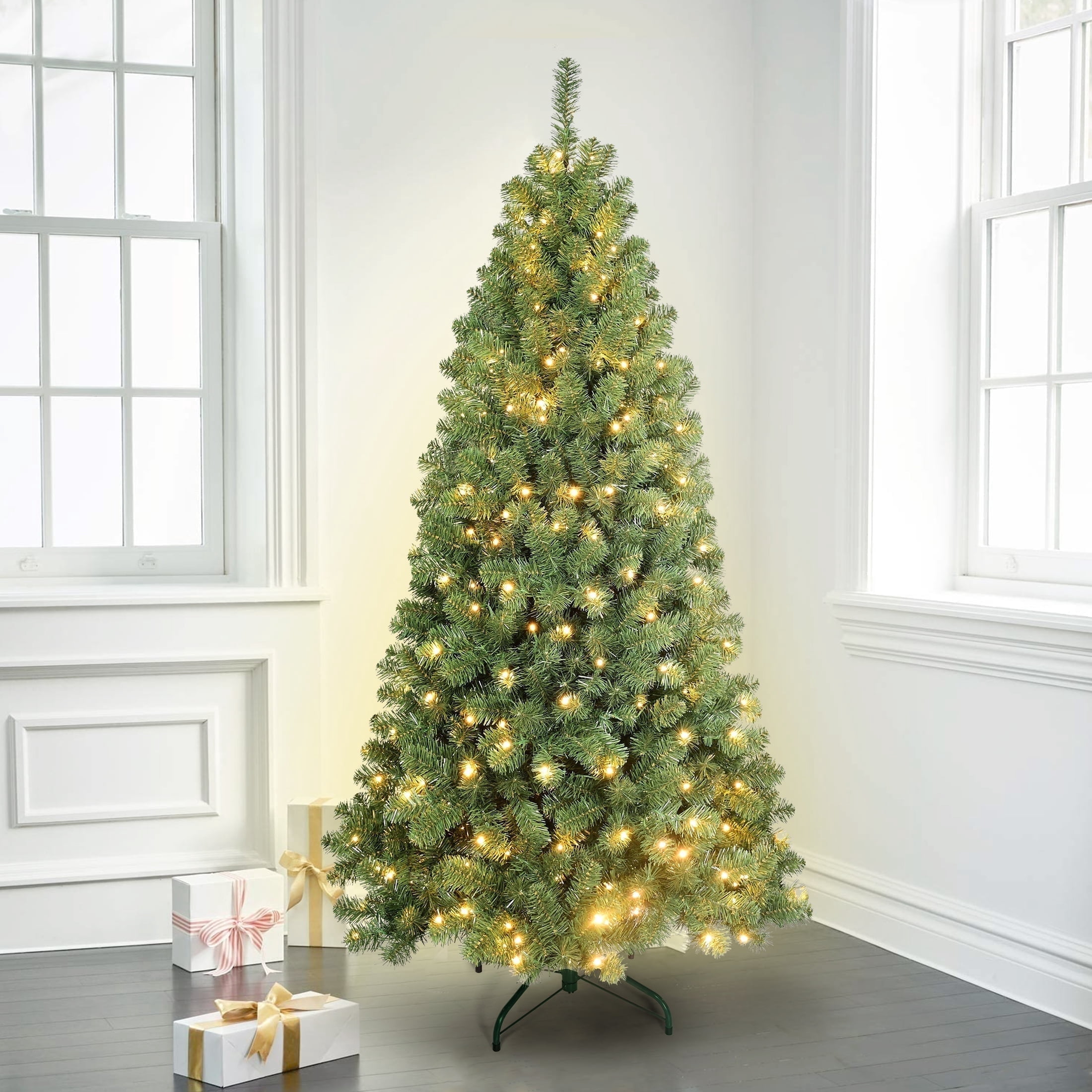 6ft Pre-Lit Norfolk Pine Christmas Tree - 150 Warm White LED Lights, 340 PE Tips, Slim Pencil Tree With Stand