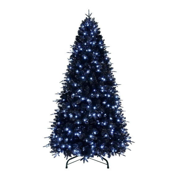 Bringstar 7.5FT PreLit Black Christmas Tree with 500 Lights, Artificial Fake Christmas Tree with 2156 PE&PVC Branch Tips, Halloween and Xmas Tree for Holiday Decorations, Metal Stand, Hinged Branches