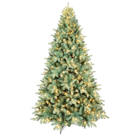 Bringstar 7FT Prelit Artificial Fake Christmas Tree, Blue Spruce Xmas Tree with 500 Warm White LED Lights, 1845 PE & PVC Mixed Branch Tips, Hinged Pine Tree with Metal Stand for Home Office Décor