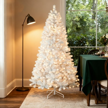 Bringstar 9FT Prelit White Artificial Christmas Tree with 650 Warm White Lights,White PVC Xmas Tree with 1930 Tips, Metal Stand